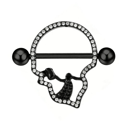 Single black gothic skull nipple shield with white rhinestone inlay.