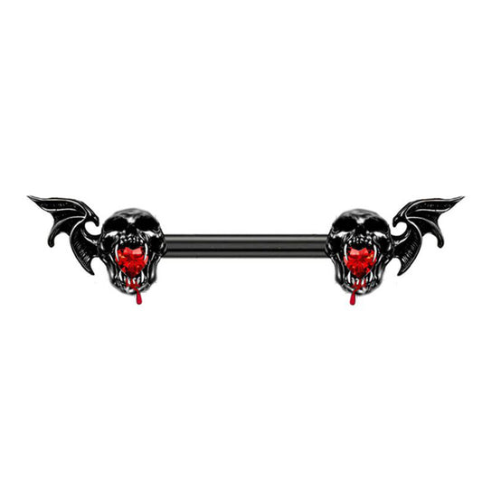 High-resolution view of a black skull nipple piercing featuring red heart eyes and gothic bat wing silhouette.