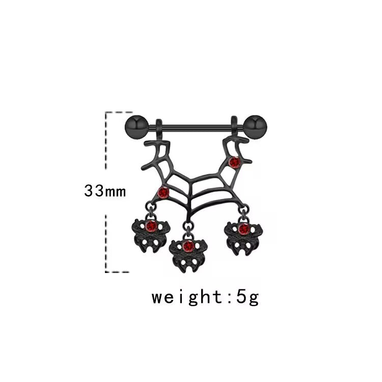 Black spider web nipple barbell showing dimensions of 33mm height and 5g weight with red crystal dangling spiders.