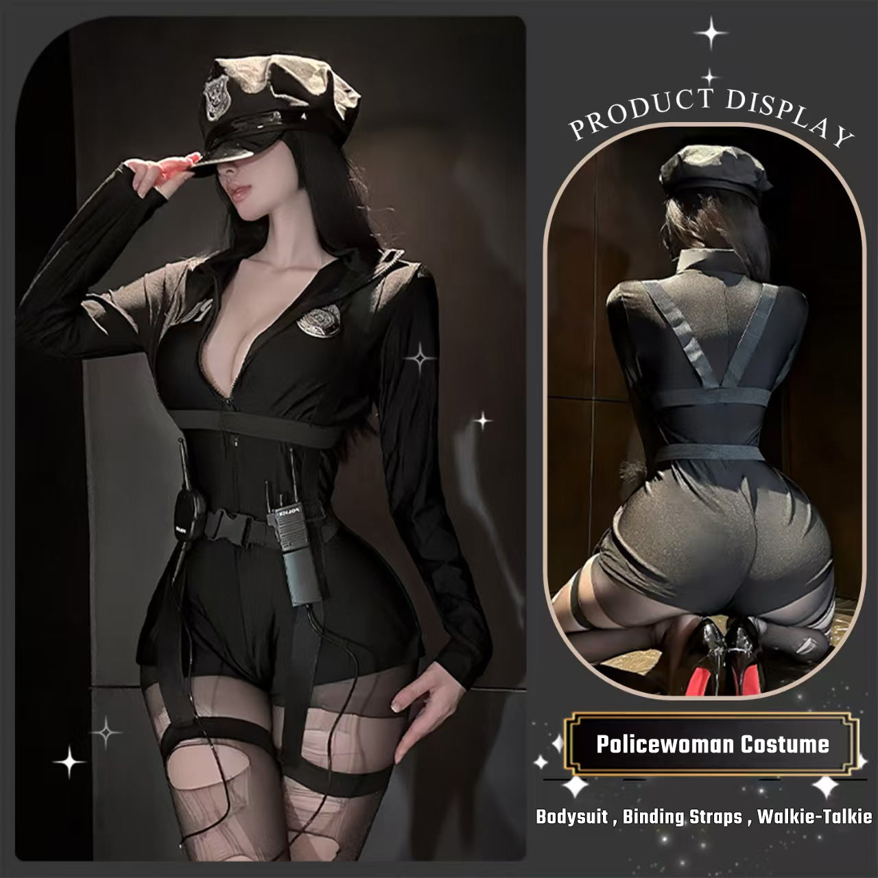 Product catalog image for black tactical cop outfit featuring bodysuit, police hat, and harness accessories.