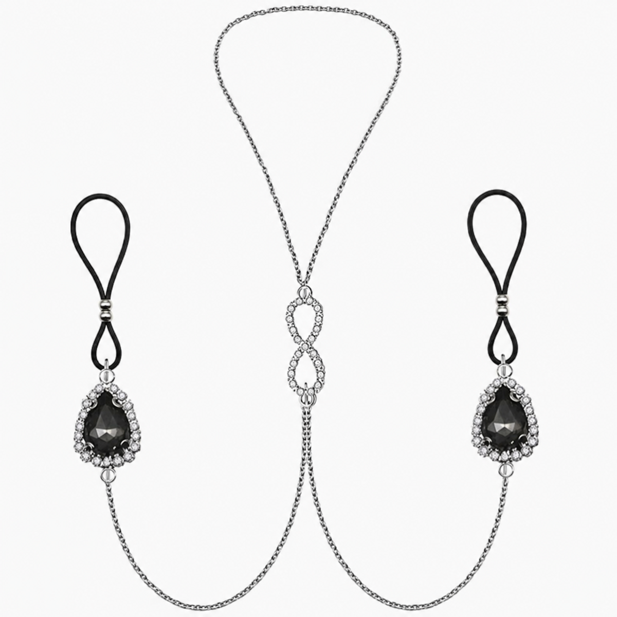 Black teardrop non-piercing nipple jewelry pair with black loops, draped chains and a central infinity accent