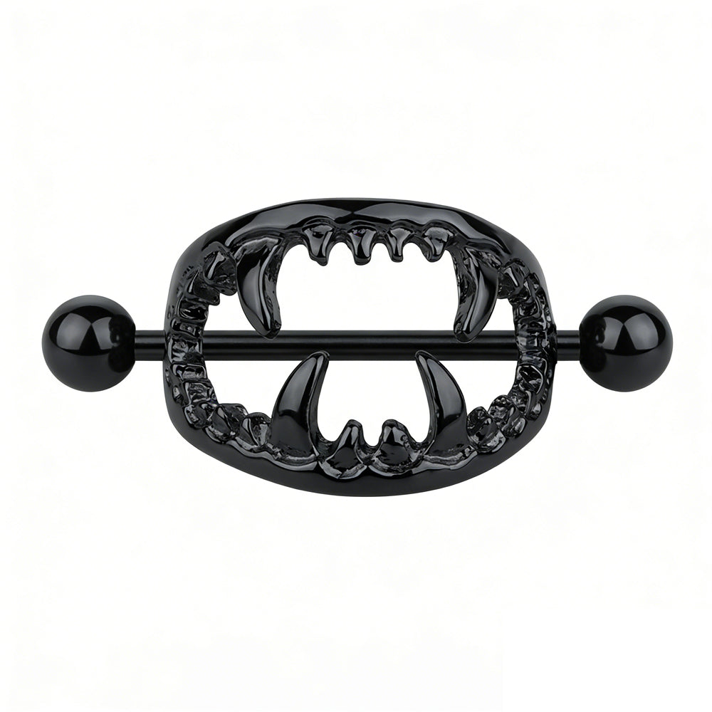 High-definition shot of black vampire fangs nipple shield jewelry.