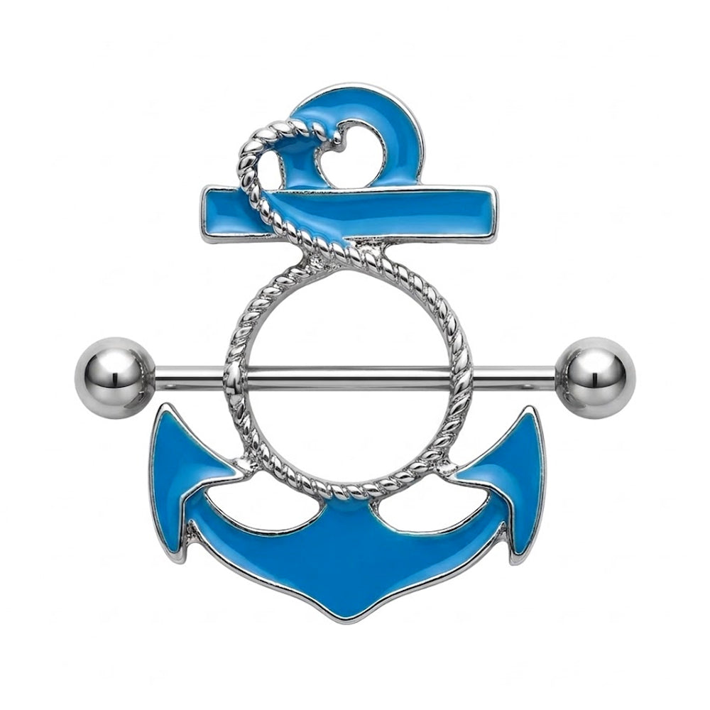 A single silver and blue nautical anchor nipple shield piercing with rope details and a horizontal barbell.