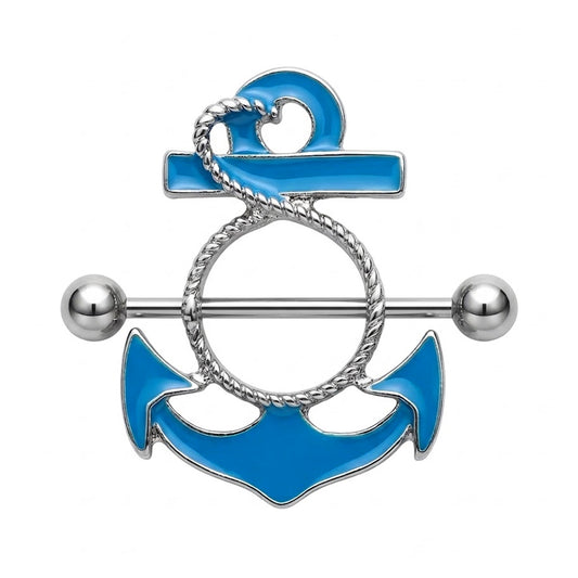 A single silver and blue nautical anchor nipple shield piercing with rope details and a horizontal barbell.