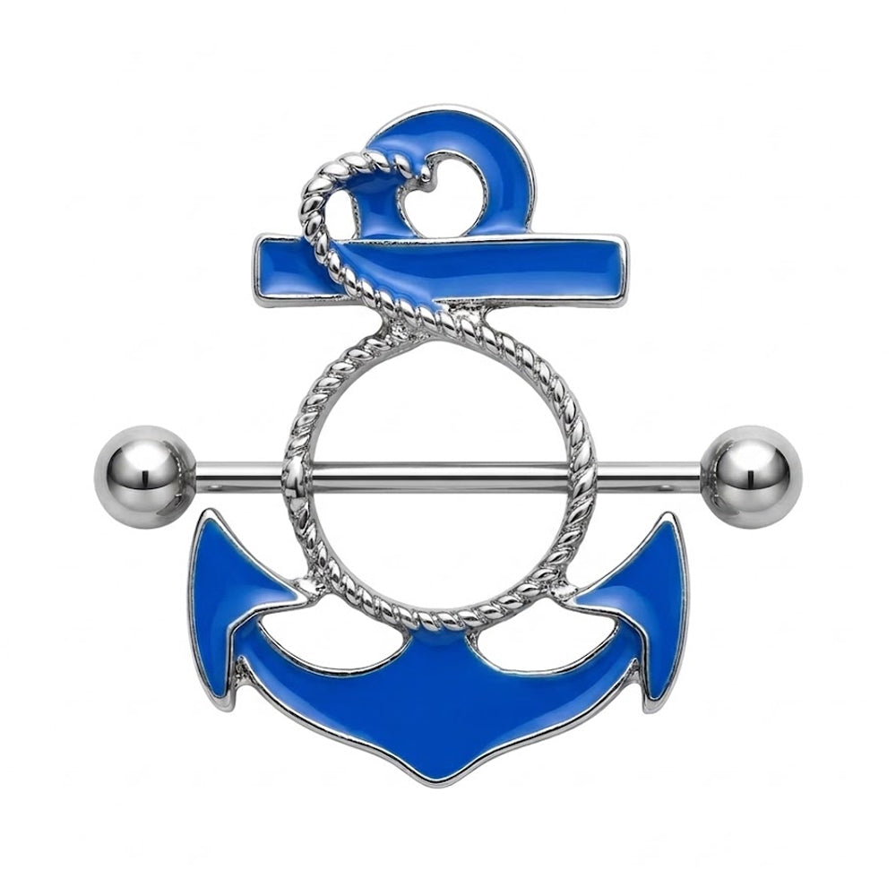 A single silver-tone anchor nipple shield with vibrant blue enamel and rope texture design.