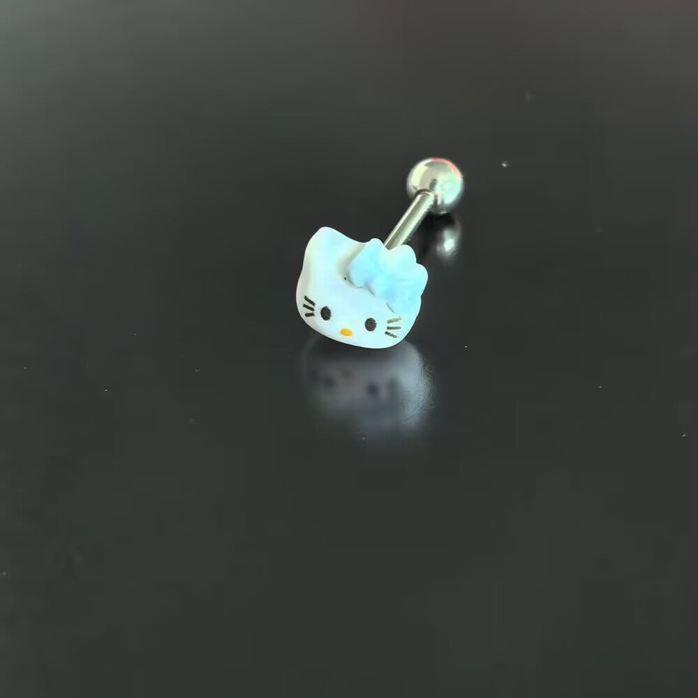 Pastel blue bow white kitty character tongue ring barbell for daily body piercing wear.