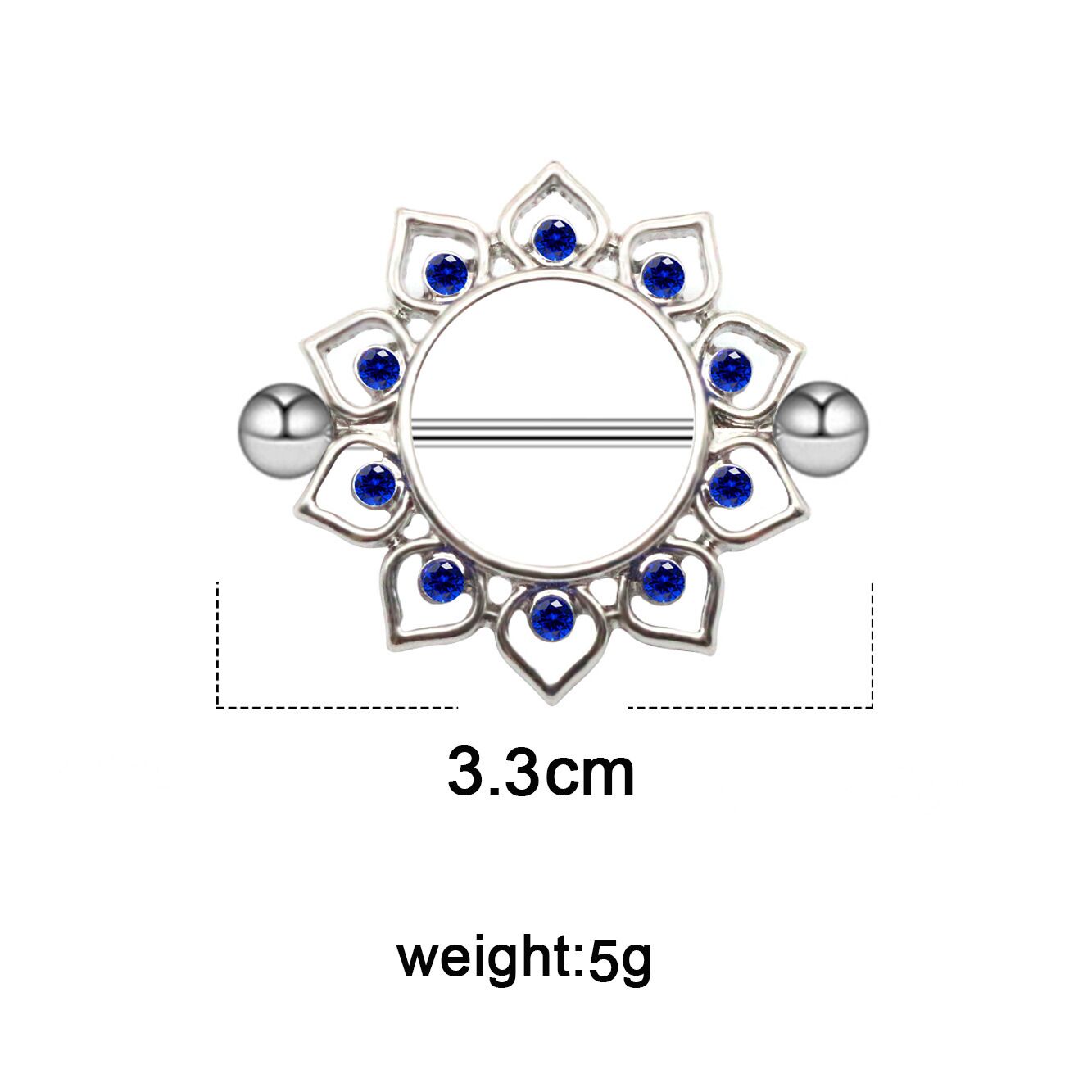 3.3cm diameter mandala nipple shield jewelry weighing 5 grams with blue crystals.
