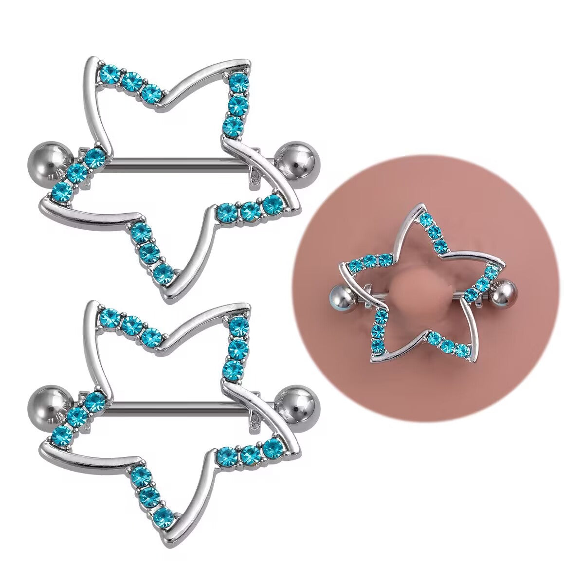 Multi-view of blue crystal star nipple shields featuring a model demonstration in a circular inset.