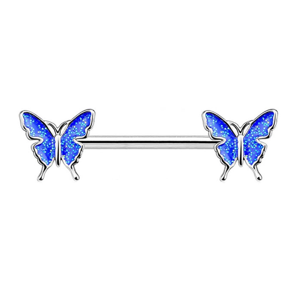A single blue glitter butterfly nipple barbell piercing on a white background.