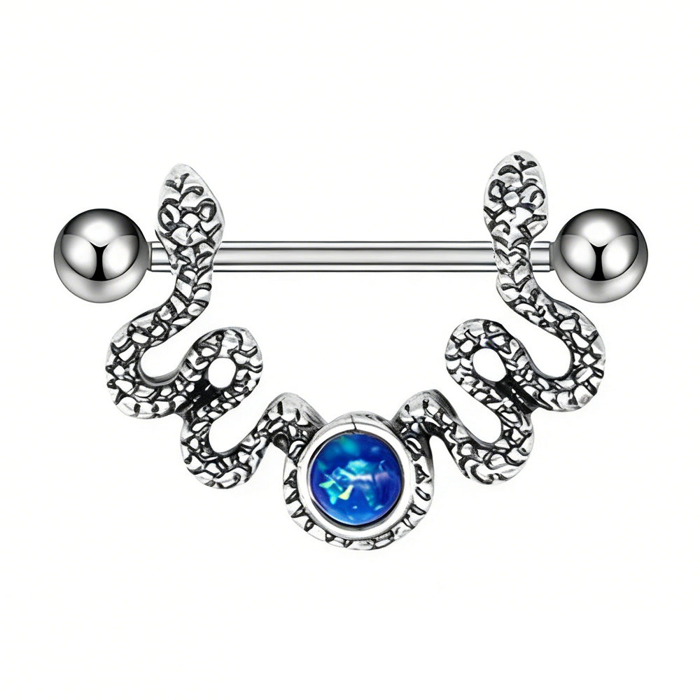 Front view of twin snake nipple shield with blue opal