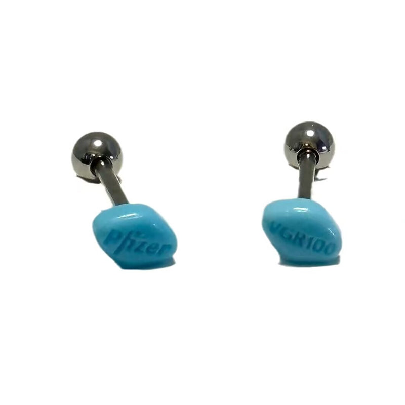 Front view of blue pill tongue barbell 14G showing pill design and top ball.