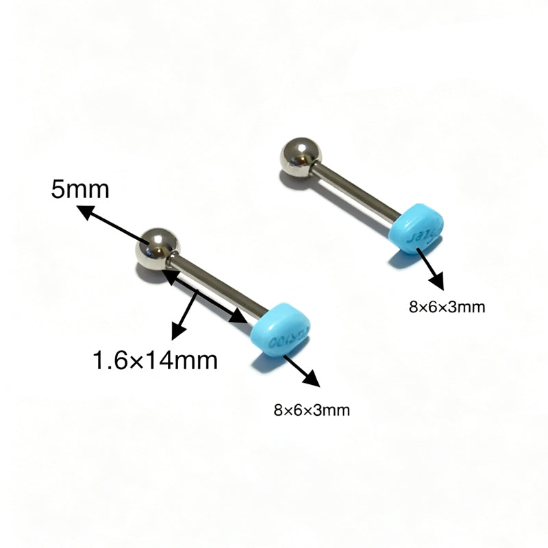 ize diagram for blue pill tongue barbell showing 1.6x14mm bar and 8x6x3mm pill end