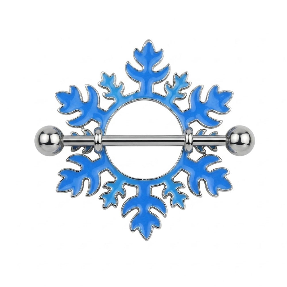 Single blue enamel snowflake nipple shield with a silver-tone barbell on a white background.