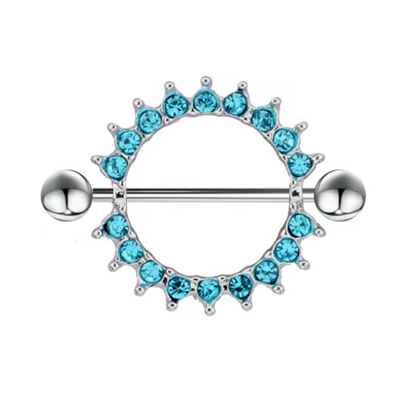 14g Internally Threaded F136 Titanium Straight Barbell Dazzling Blue Crystal Sunburst Nipple Shield Piercing Jewelry
