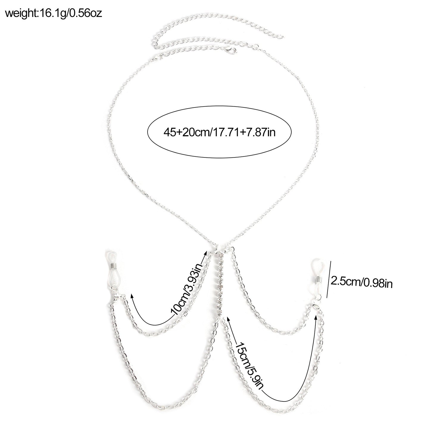 Infographic showing measurements and weight for the multilayer body chain jewelry.
