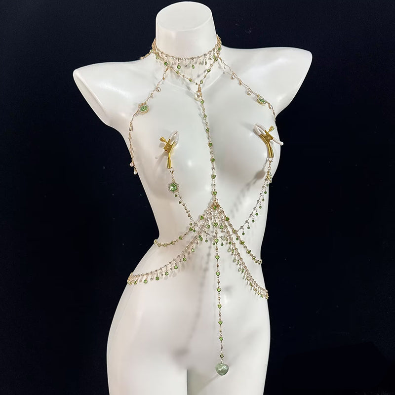 Green crystal body chain harness configured with gold-tone non-pierced nipple clamps