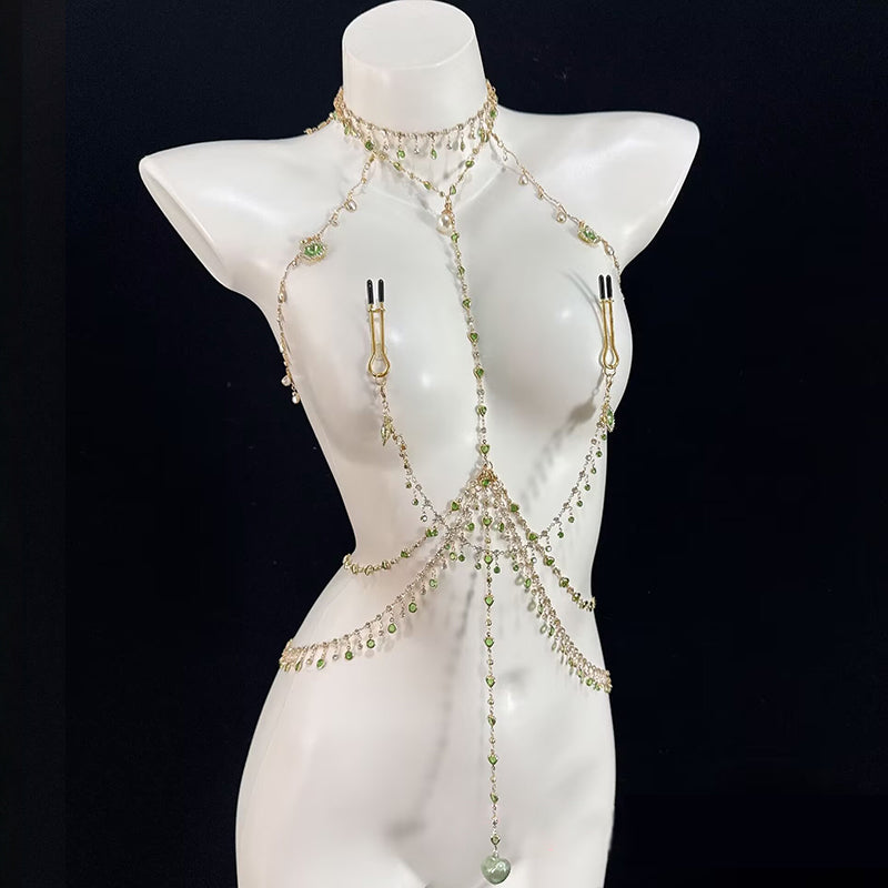 Body chain jewelry connected with adjustable black-rubber tipped metal nipple clips