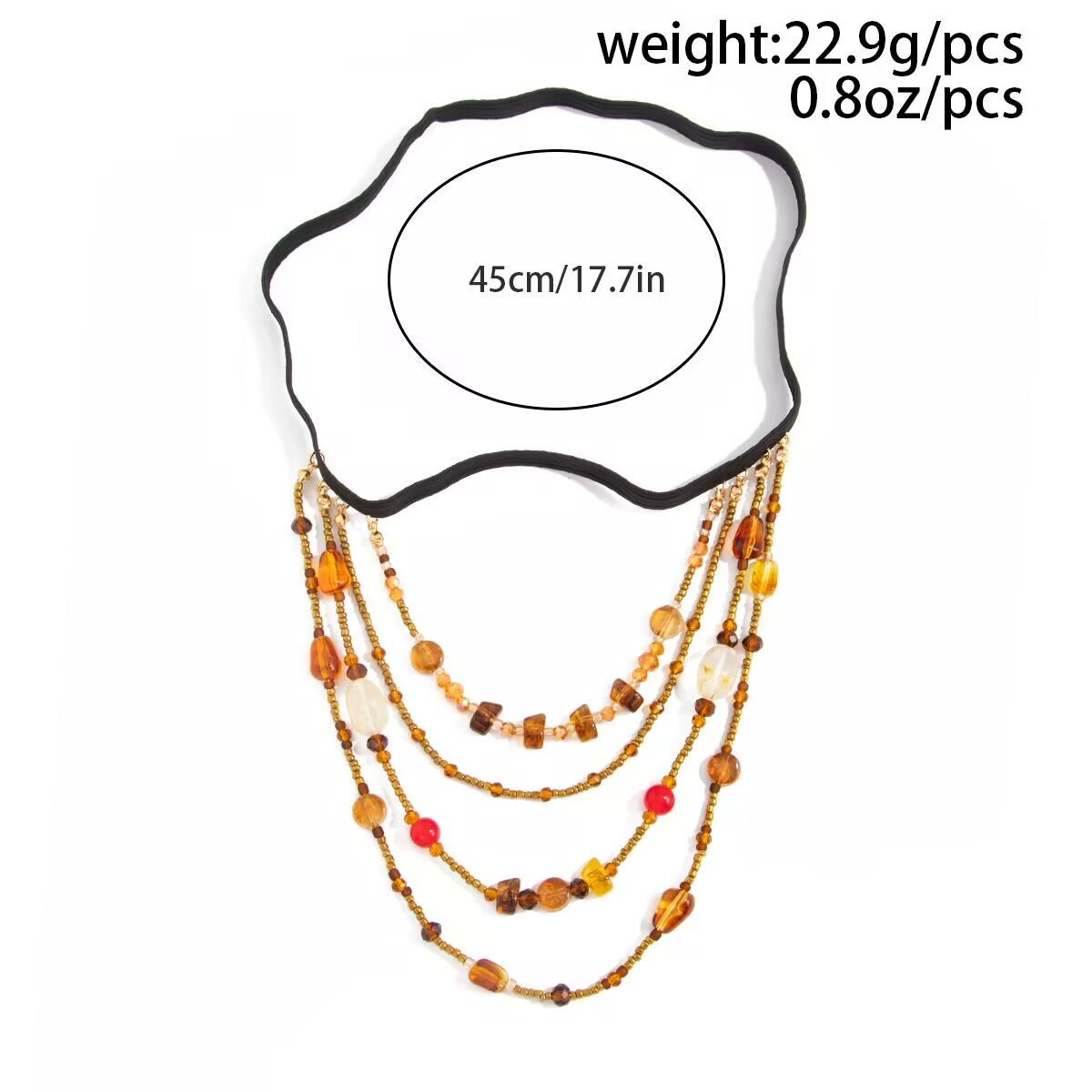 Dimension guide for boho beaded thigh chain showing 45cm/17.7in elastic band and 22.9g/0.8oz weight.
