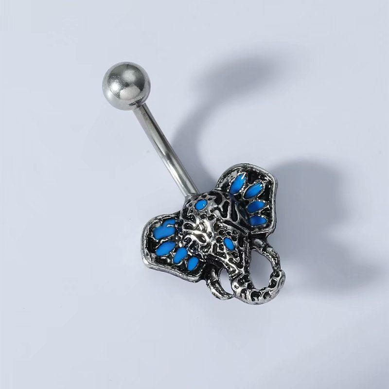 Side view of curved barbell elephant belly ring with smooth top screw ball