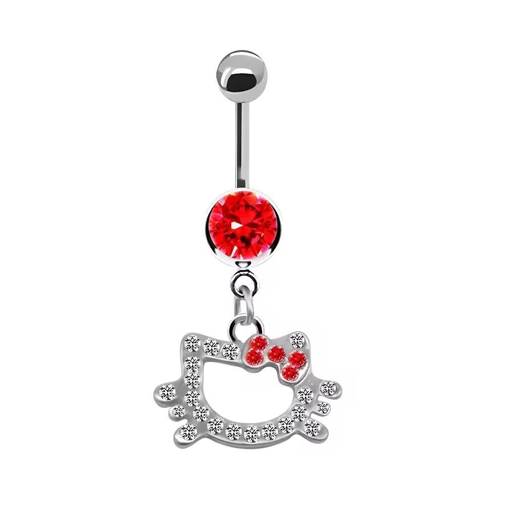 Alternative fashion belly button ring featuring a fierce red crystal center gem and a dangling kitten pendant with a matching red rhinestone crystal bow.