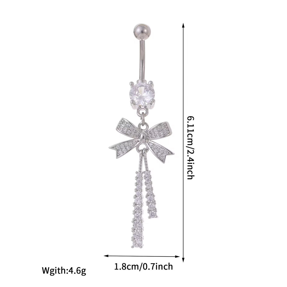 Dimensions and weight guide for the bowknot tassel navel ring showing 6.11cm length and 1.8cm width.