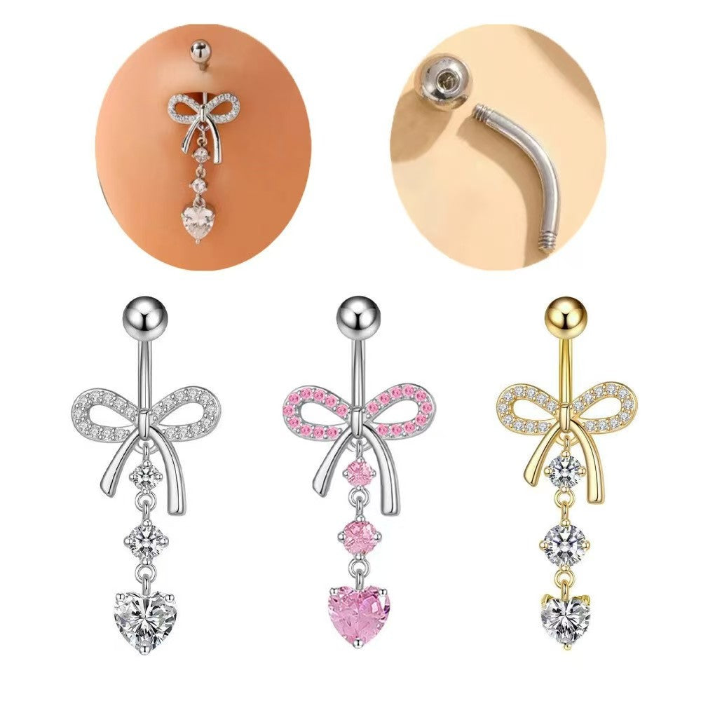 Collection of bowknot belly rings in various colors and a close-up of the threaded bar.