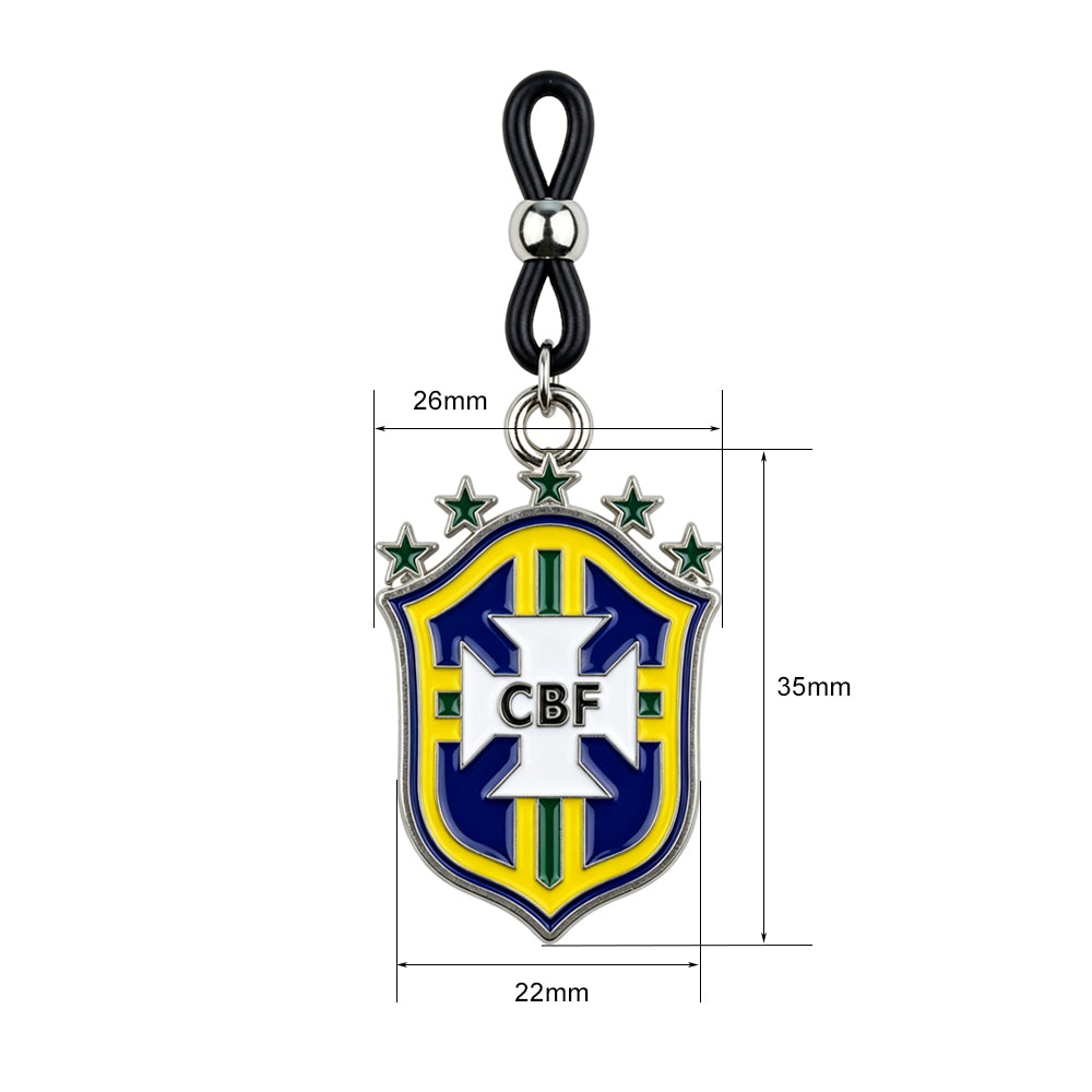 A non-piercing dangle nipple ring featuring a black adjustable silicone loop and a vibrant yellow, blue, and green Brazil CBF soccer shield badge pendant with five stars, displayed on a clean white background with 26mm and 35mm measurement dimensions.