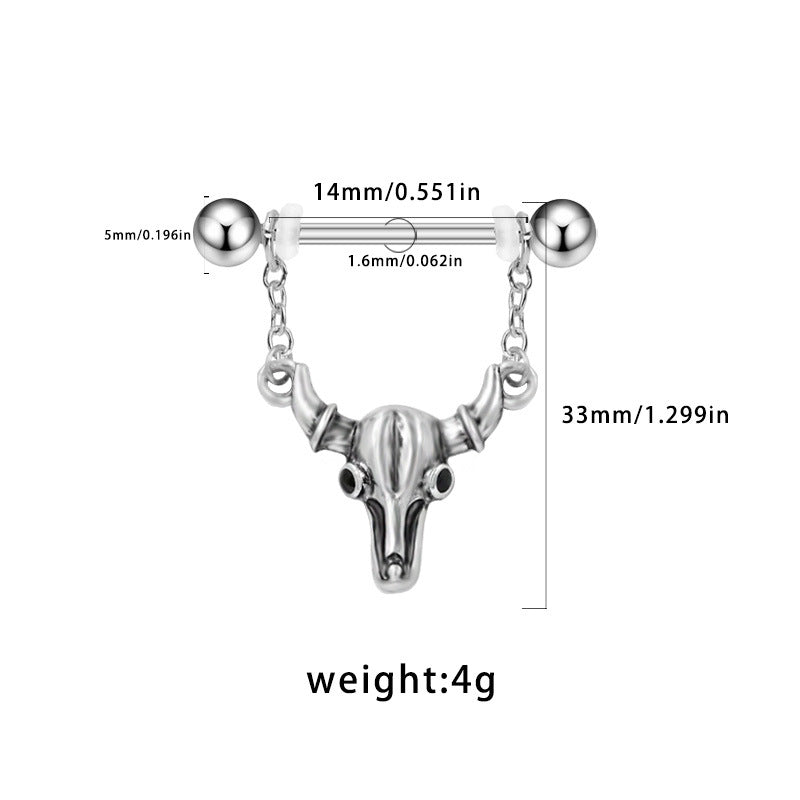 Detailed size chart for bull skull nipple ring showing 14mm bar length and 33mm dangle height