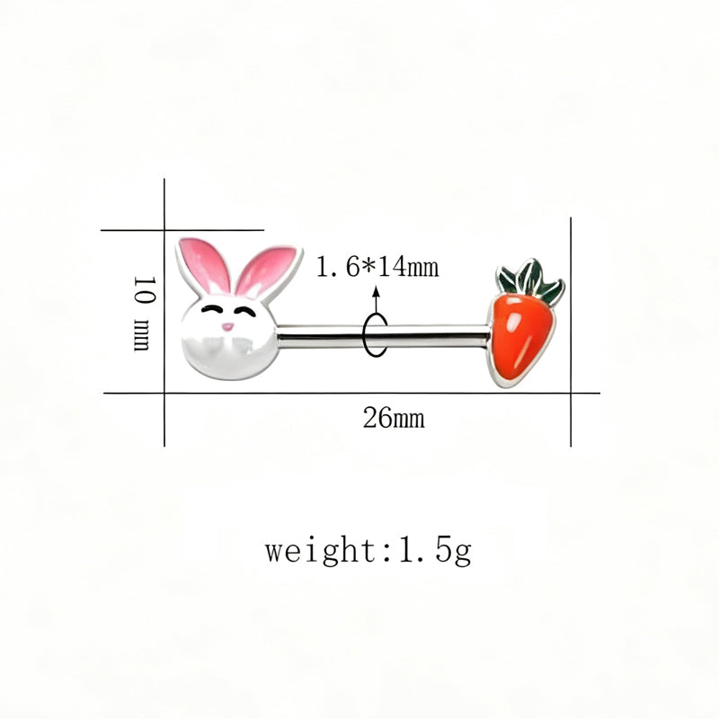 Product dimension chart showing 14G 1.6mm gauge, 14mm bar length, 26mm total length, and 1.5g weight for bunny nipple piercing jewelry.