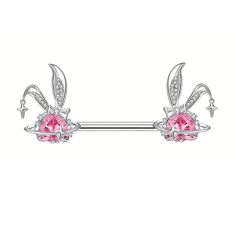 14G/18mm Sparkling Bunny Planet Nipple Barbell – Pink Crystal Heart & Rabbit Ear Body Jewelry