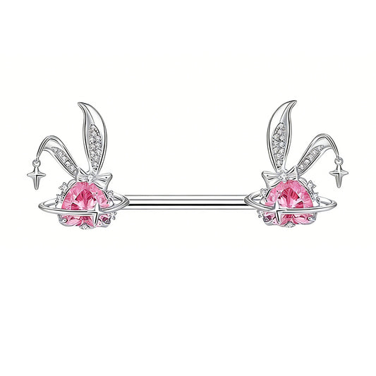 14G/18mm Sparkling Bunny Planet Nipple Barbell – Pink Crystal Heart & Rabbit Ear Body Jewelry