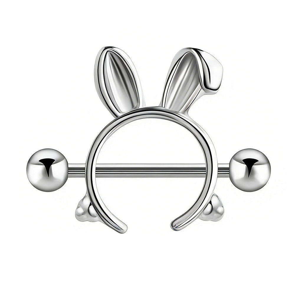 Front view of a silver-colored bunny ears nipple shield with ball ends.