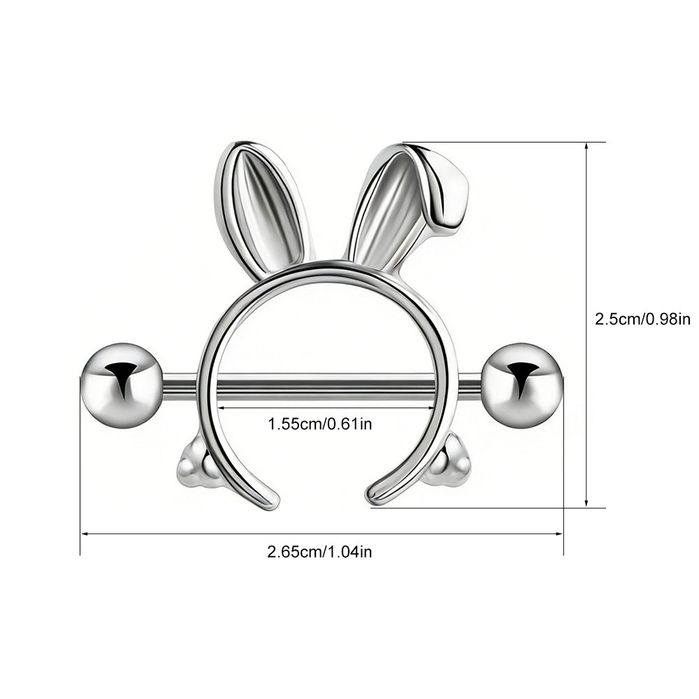 Dimensional diagram showing the 15.5mm barbell length and 26.5mm width of the bunny nipple jewelry.