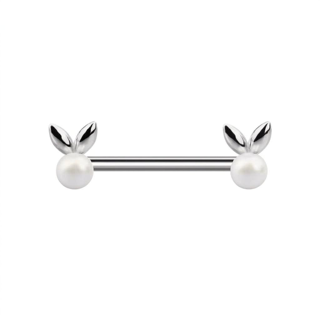 Single 14G bunny pearl nipple ring with silver rabbit ears and pearl accent on a pure white background for body piercing jewelry.