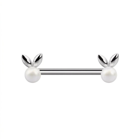 Single 14G bunny pearl nipple ring with silver rabbit ears and pearl accent on a pure white background for body piercing jewelry.