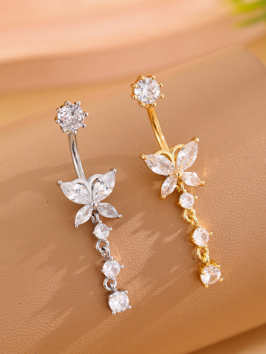 Two butterfly dangle belly button rings comparing silver-tone and gold-tone colors