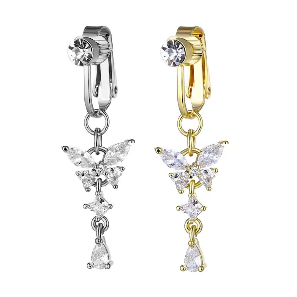 Gold and silver non-pierced butterfly dangle belly button rings with cubic zirconia crystals.