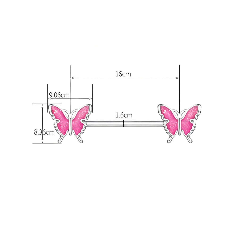 Size chart for butterfly nipple piercing jewelry showing a 16mm bar length and 8.36mm by 9.06mm butterfly dimensions.