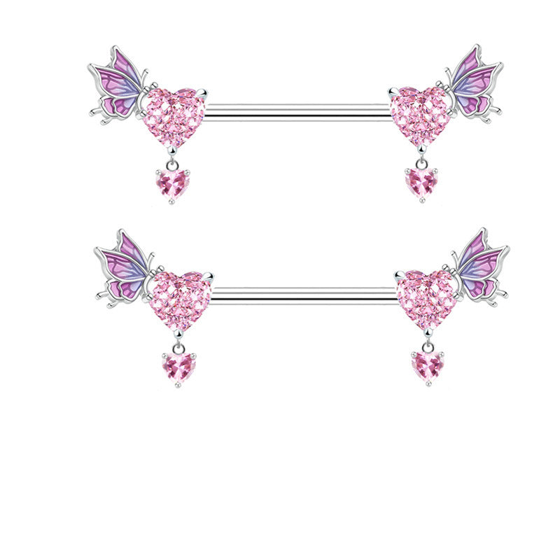 Two identical pink heart nipple barbells with dangling charms, illustrating that the product is sold as a pair.