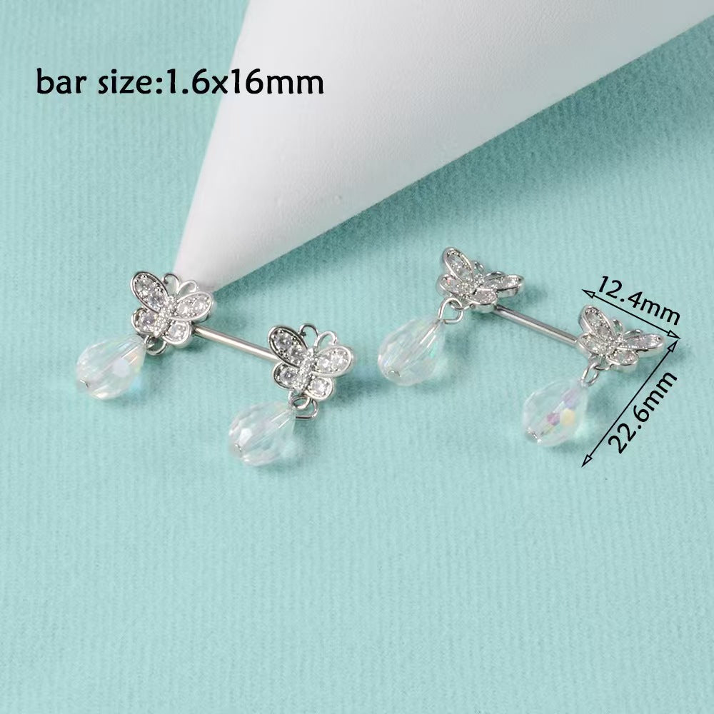 Product dimension diagram of butterfly dangle nipple barbell showing 1.6x16mm bar size and 22.6mm length