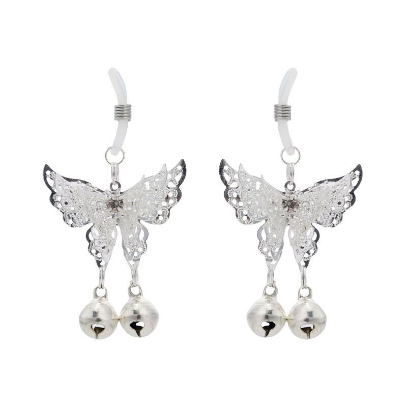 Pair of silver butterfly non-piercing nipple rings with dangling bells on a clean white background.