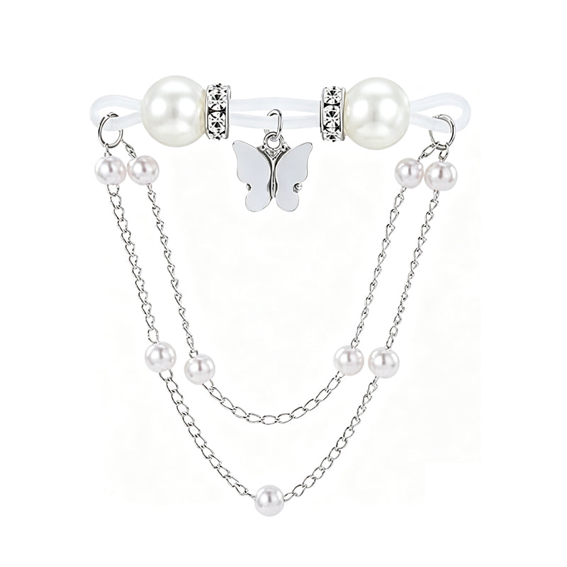 Elegant single non-piercing nipple clamp with white butterfly charm, rhinestone accents, and double-layer pearl dangle chains on white background.