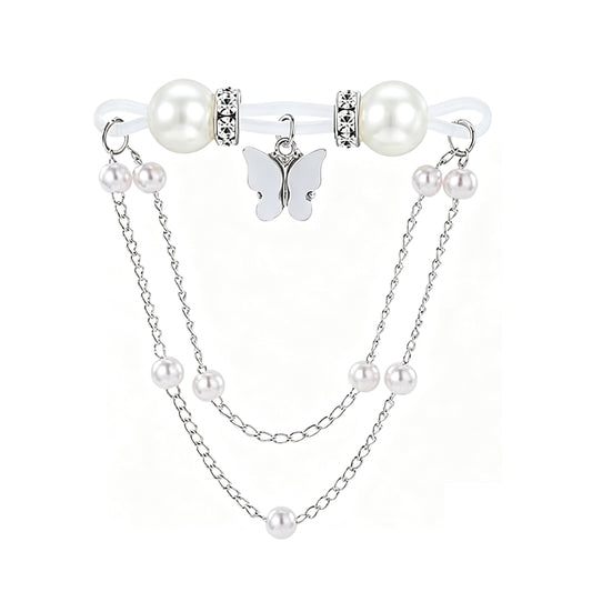 Elegant single non-piercing nipple clamp with white butterfly charm, rhinestone accents, and double-layer pearl dangle chains on white background.