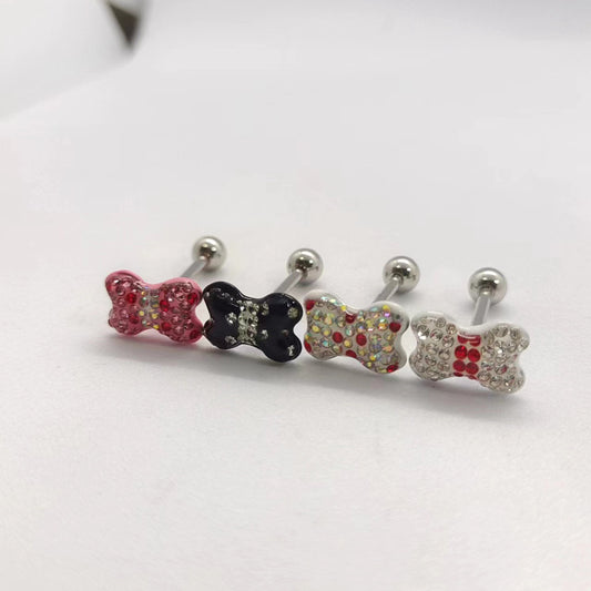 Four butterfly tongue barbells displaying Rose Red, Black, AB White and White color choices with metal bars and ball ends.