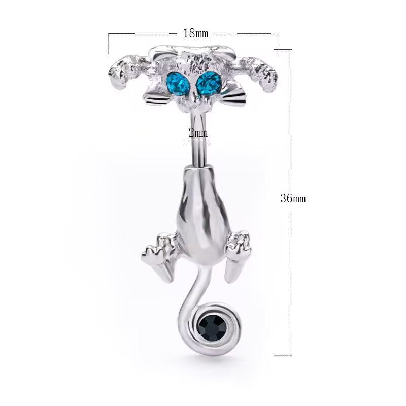 Product dimension chart for cat navel ring showing 36mm height, 18mm top width, and 2mm barbell thickness.