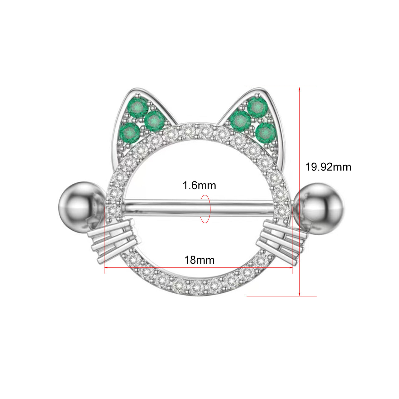 Technical drawing of the cat nipple shield showing 1.6mm bar thickness, 18mm inner diameter, and 19.92mm height.