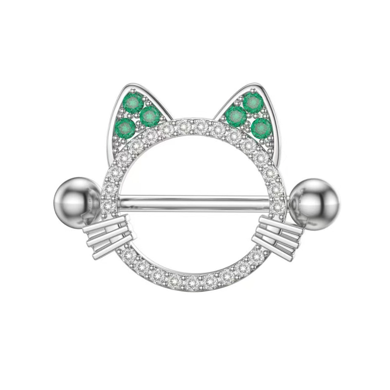 Front view of a silver cat-shaped nipple shield with sparkling crystal pave and green gemstone ears.