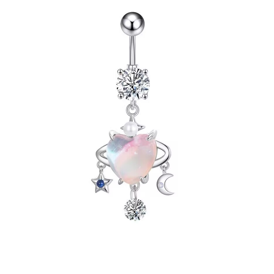 Celestial iridescent opal heart dangle belly button ring with star and moon charms on a white background.