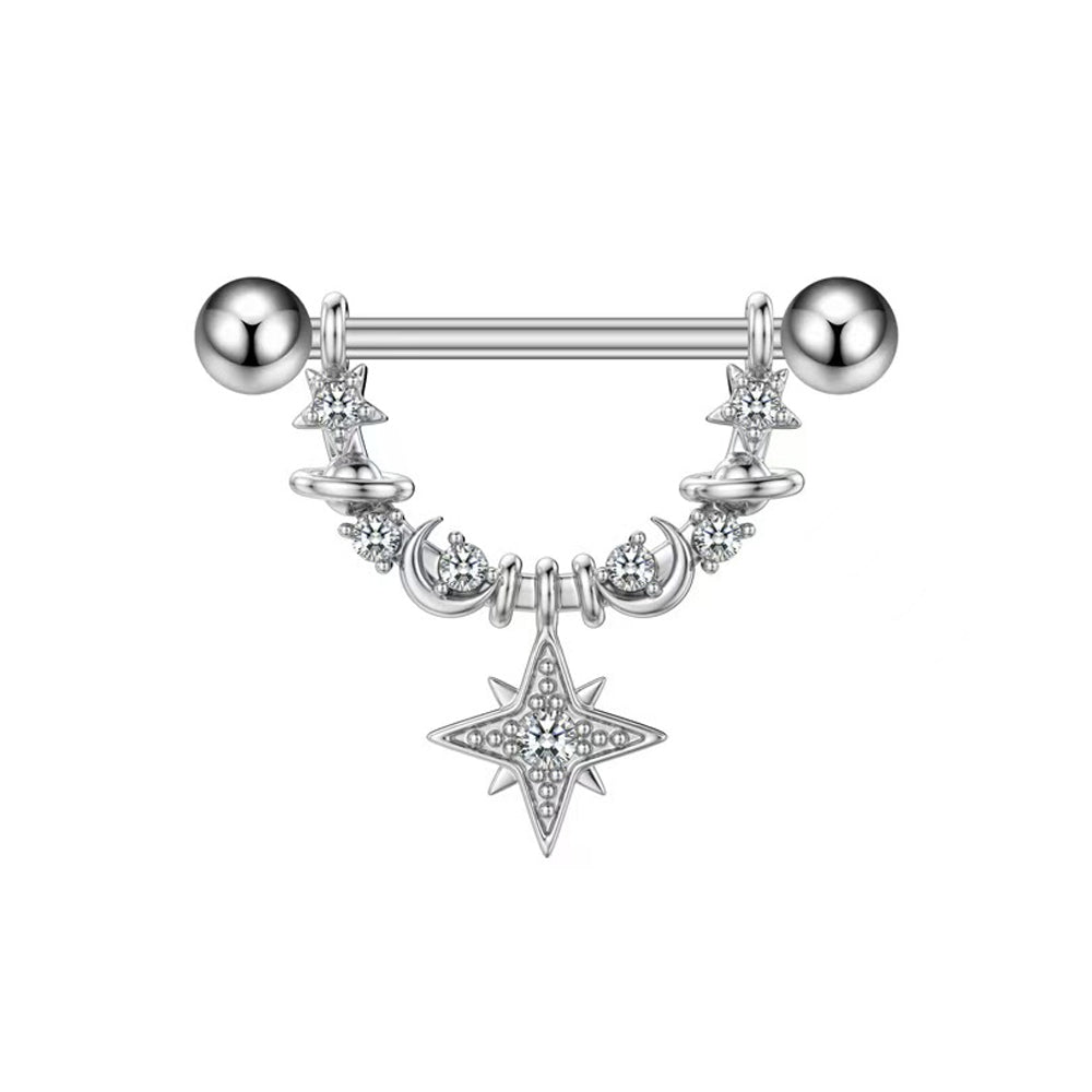 Front view of a silver celestial nipple ring featuring a North Star dangle, crescent moons, and sparkling stars on a barbell.