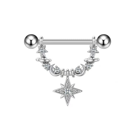 Front view of a silver celestial nipple ring featuring a North Star dangle, crescent moons, and sparkling stars on a barbell.